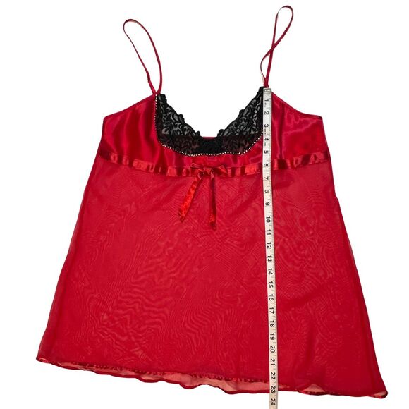 Fantasies Pajama Top Womens Large Red Mesh Black Lace Rhinestone Sleep Cami - Picture 3 of 12